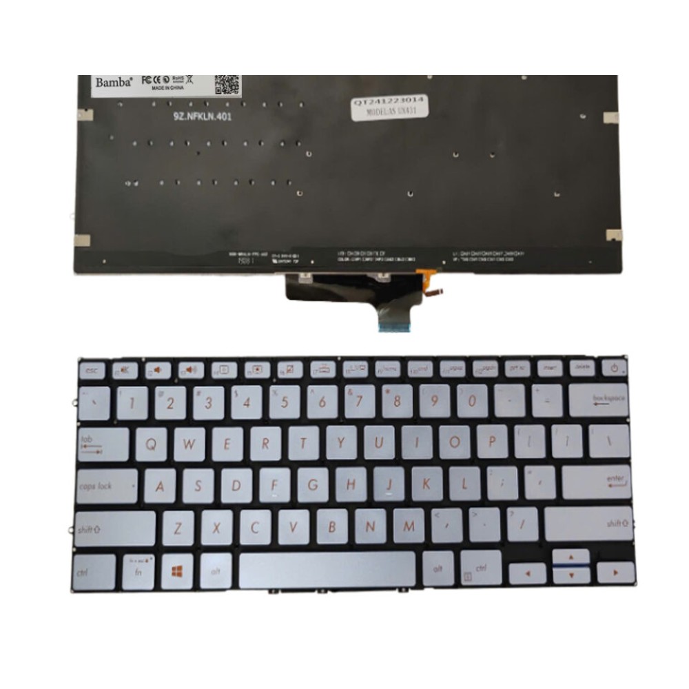 Bàn phím Tốt dùng cho Asus UX431,UX431FL,UX431FLC,UX431FA,UX431FN,UX431DA,S431F (Màu Bạc + Có đèn) Có nút nguồn