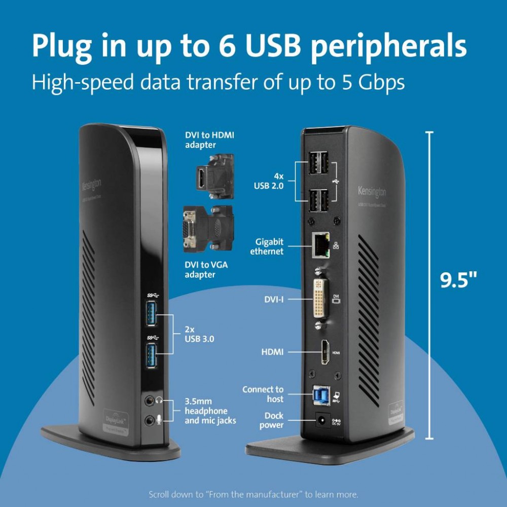 Dock Kensington SD3500v  - đế cắm đa năng USB 3.0 xuất 2 màn hình phụ và nhiều thiết bị ngoại vi khác nhau (sạc tùy chọn)