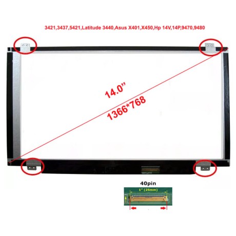 Màn hình 14.0 Led Slim 40Pin dùng cho Sony Sve-14,Vpc-EA,Dell 3421,3437,5421,Latitude 3440,Asus X401,X450,Hp 14V,14P,9470,9480