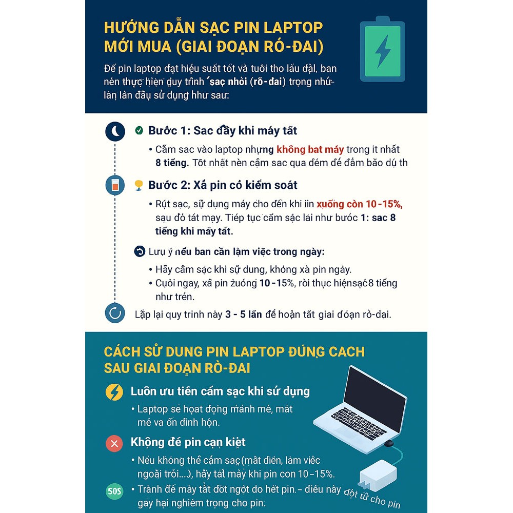 .HƯỚNG DẪN SẠC PIN LAPTOP MỚI  và CÁCH SỬ DỤNG PIN ĐÚNG CÁCH